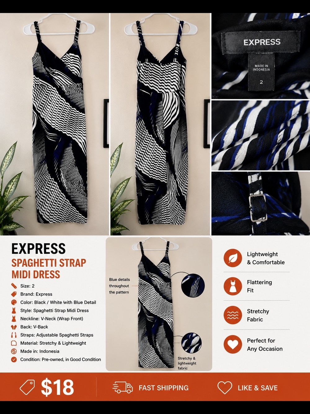 Express Spaghetti Strap Midi Dress — Black, White & Blue Accents